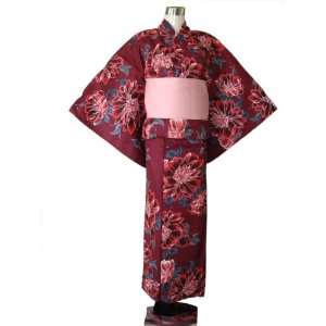  Kimono Yukata Red & Green with Flower Pattern + Obi Belt 