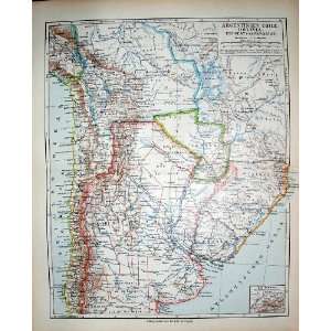   Meyers German Atlas 1900 Map Chile Argentina Uruguay