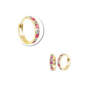  Yellow Gold, Small Hoop Huggies Stud Earring with White and Red Lab 