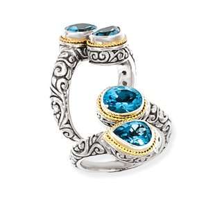 925 Silver & Blue Topaz 2 Stone Wrap Ring with 14k Gold Accents  Size 