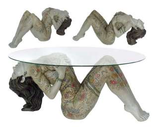 erotischer Tisch   tätowierte Frau mit Glaspatte 110 cm