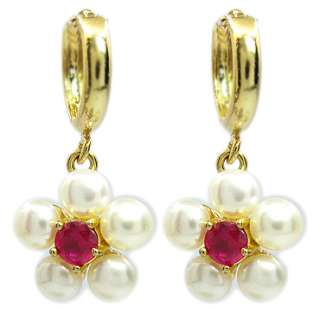 ROUND CUT RED RUBY PEARL YELLOW GOLD HOOP EARRINGS GIFT  