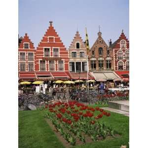  Gabled Buildings and Restaurants, Bruges, Belgium Premium 