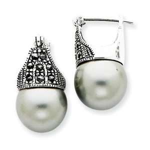  Sterling Silver Marcasite and Simulated Pearl Hoop Earrings Jewelry