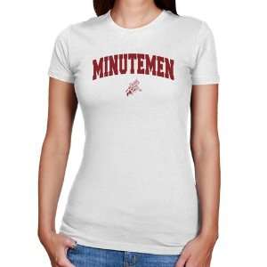  NCAA UMass Minutemen Ladies White Logo Arch Slim Fit T 
