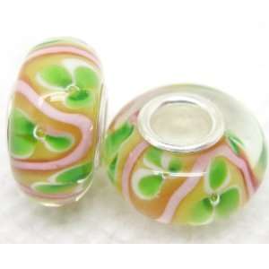 Bleek2Sheek Murano Glass Green flowers on Yellow Charm Beads (set of 2 