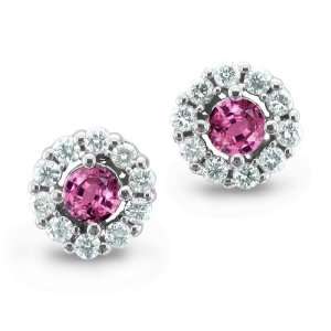 14k White Gold Cluster Natural Pink Sapphire and Diamond Earrings (G 