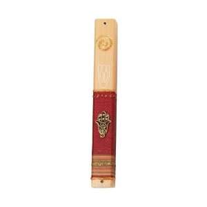  Wood Mezuzah with Red Background, Colored Stripes, Hamsa 