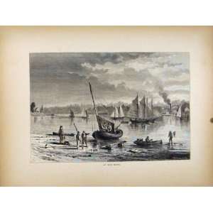 At Red Bank Boat Sail Antique Fine Art Old Print River 