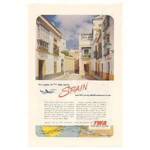  1952 Old World Spain TWA Airlines Route Map Print Ad