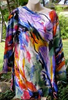 NWT Diane Gilman 100% Silk Tunic Top S Artsy Abstract Print Sequins 