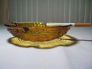 Vintage HEAVY Amber glass ashtray Wood Grain Effect  