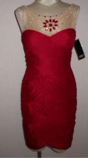 NWT Adrianna Papell Jewel Illusion Bodice Shirred Scarlet Cocktail 