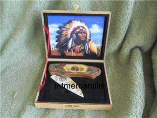   INDIAN DECORATIVE DISPLAY KNIFE IN WOOD BOX 7.75 INCHES OPEN  
