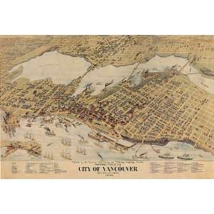 BIRDS EYE VIEW CITY OF VANCOUVER BRITISH COLUMBIA CANADA MAP VINTAGE 