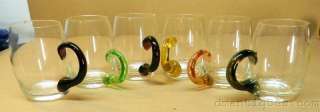 Vintage Set 6 Beer Mugs Art Glass Multi Colored Handles  