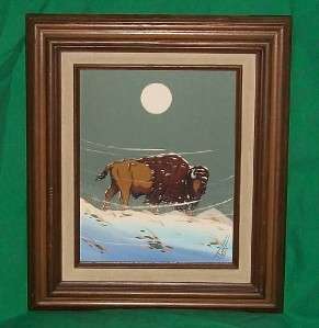   AMERICAN INDIAN ART OIL PAINTING BUFFALO BISON WINTER SNOW STORM