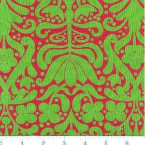   Paradise Garden Stenciled Blossoms Red & Lime Fabric By The Yard