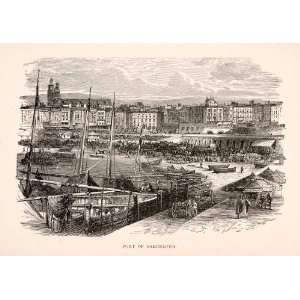  1894 Wood Engraving Barcelona Spain Espana Port Dock Pier Ship Boat 