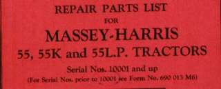 Massey Harris 55 55K 55LP Tractor Repair Parts List MH  