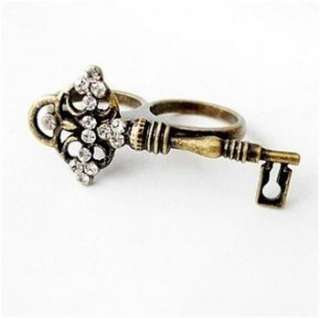 Fashion Ancient Key Shape Rhinestone Two Finger Ring w163 great gift 