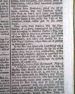   Newspaper w/ Revolutionary War Report from Newport, Rhode Island