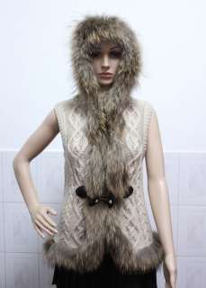 Womens fur vest vests raccoon trim+yarn M/L beige best gift for 