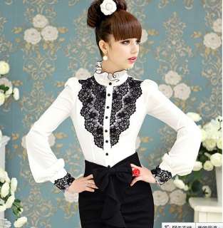 Womens Fashion Stand Collar Lace White Long Slim tops blouses shirt S 