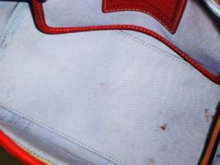   Auth Beige & Red Canvas & Tan Leather Shopper Tote Handbag Purse #7741