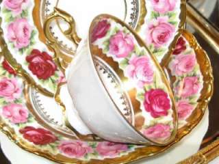 BAVARIA 22KT HVY GOLD HP ROSES GERMANY Tea Cup and Saucer Trio  