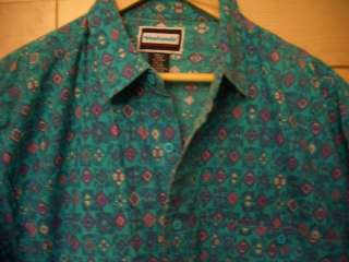 Vintage 80s Mens Geometric Teal Green Purple 100% Cotton Shirt L 