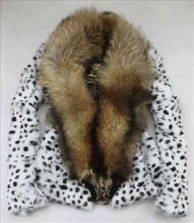 Leopard Inside Raccon Collar Rabbit Fur Coat Dot 817  