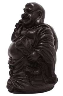 The black colour resin, laughing Buddha statue carved into a smiling 