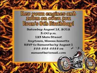 Motorcycle Flames Boys Birthday Party Invitations  