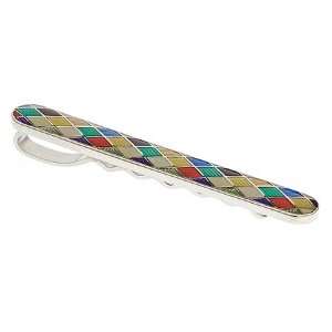 Rhodium plated tie slide with multi colored enamel Harlequin pattern 