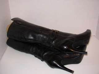 Nine West 7.5 M Tall Black Leather Stiletto Boots Buckle Detail 