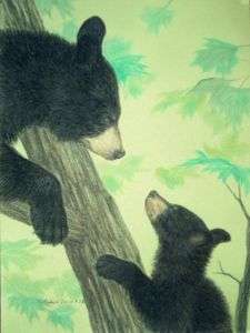 Original Pastel Drawing Mama & Baby Black Bear in Tree  