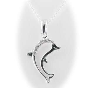  Round CZ Dolphin Sterling Silver Pendant Cable Chain 18 