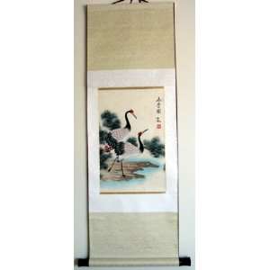  Chinese Art Silk Watercolor Painting Scroll Crane 