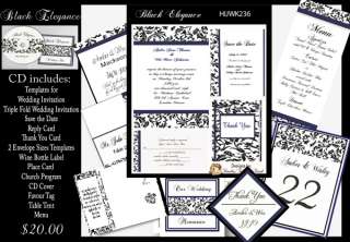 Delux Blue Black Elegance Wedding Invitation Kit on CD  