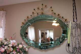 Green Venetian Glass Etched Mirror~Crystal & Gold Tole Metal Flower 