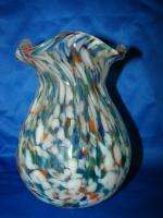 Italian Art Glass Clear Ruffled Multi color vase 8 x 5  