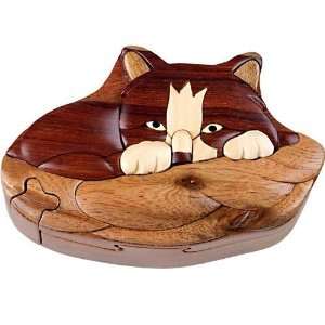  Wooden Puzzle Box, Cat / Kitten, Hand Carved Wood Intarsia 