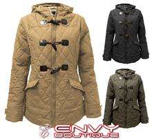 NEW LADIES WOMENS QUILTED BUTTON ZIP FAUX FUR POPPER JACKET COAT LOOK 