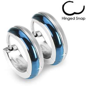 Surgical Stainless Steel 2 Toned Blue Stripe Mens Hoop Earrings (Men 