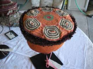 Antique African Cameroon hat , wool, weaving, feathers on heavy metal 
