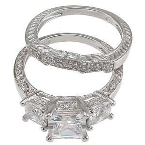 Antique Princess 3 Stone Engagement Ring Wedding Set Sterling Silver 