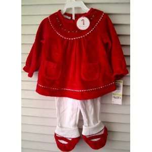   Girl Holiday Red Velour Christmas Party Dress & Footie Tights Set 3/6M