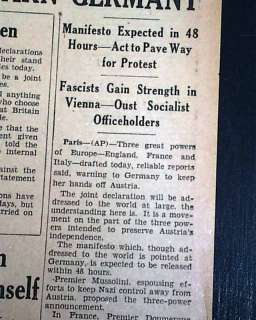 NAZIS Hitler WARNED Austria Off Limits 1934 Newspaper *  