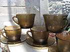   CUPS 3 SAUCERS CLEAR BROWN GLASS FRANCE EMBOSSED DIAMOND SHAPE FUN